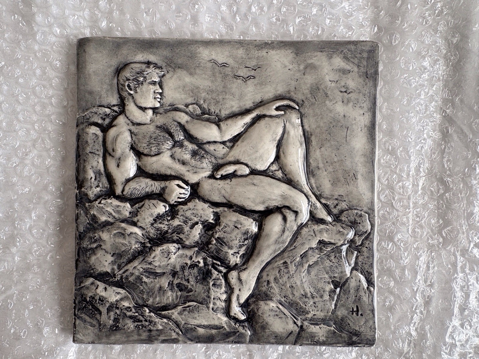 Beach Jetty Hairy Harry Tanner Ceramic Relief Tile Gay Folk Art 7×7&Prime; Surfer Man