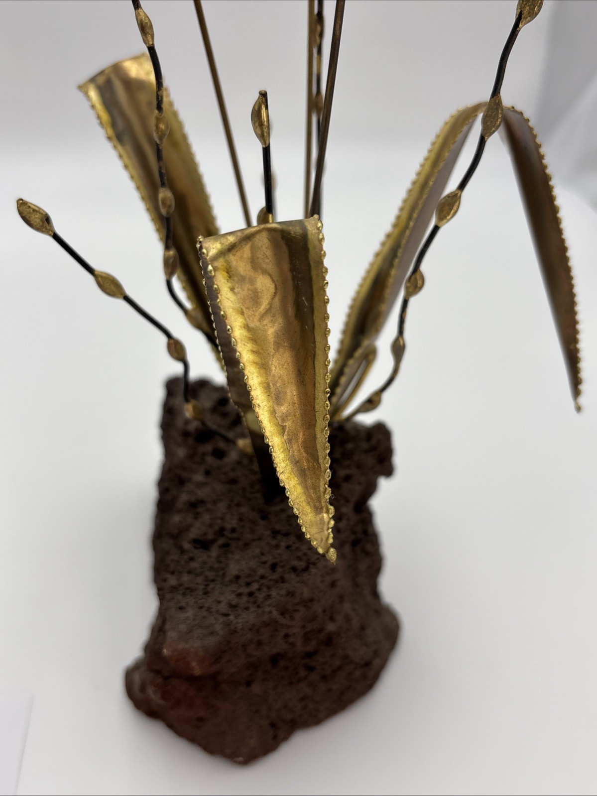 VTG MCM Brass Cattail Pussy Willow Sculpture Lava Rock Base 16&Prime; Brutalist 1960s