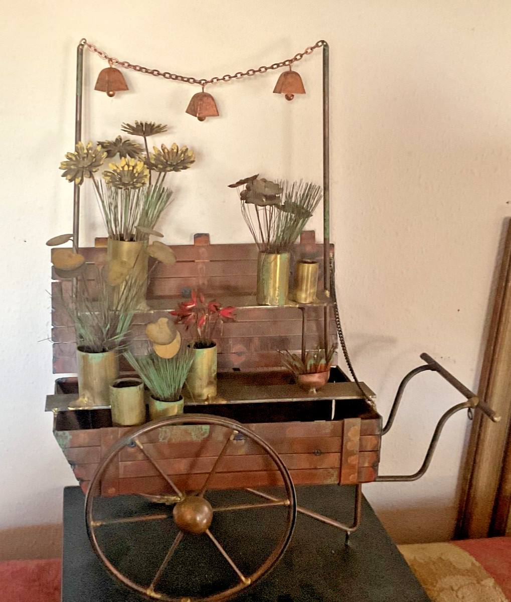 VTG MCM Curtis Jere Brutalist Metal Artist FLOWER CART Statue Sculpture Tabletop