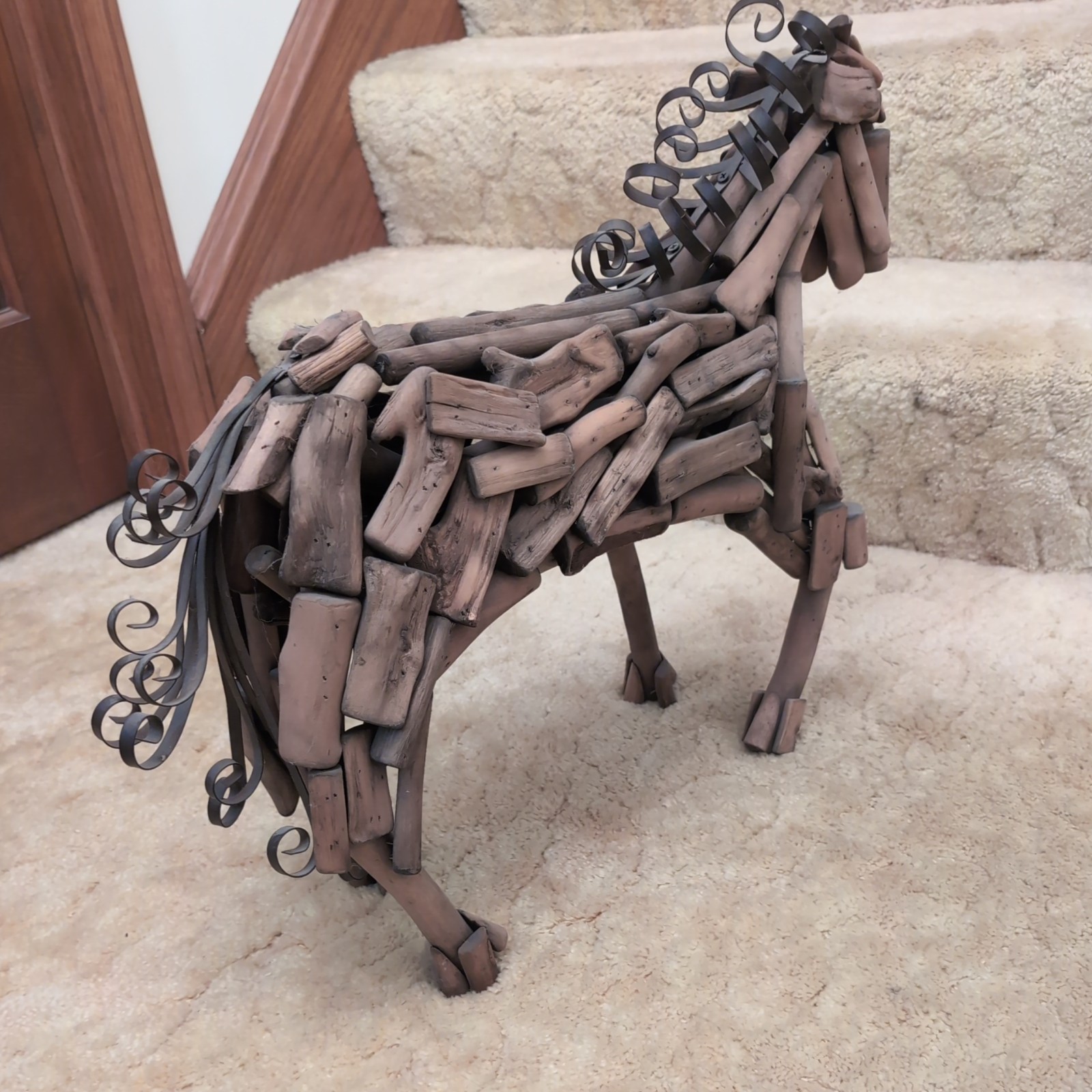 Large Free Standing Driftwood Horse Wood Modern Art Sculpture Metal Mane & Tail