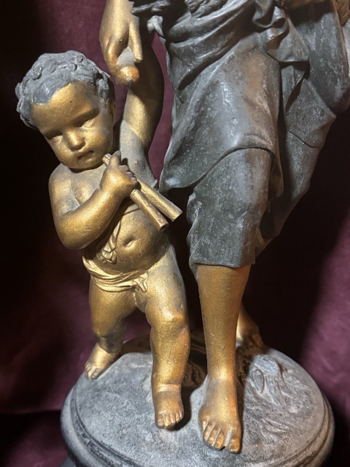 A Large Pair of Antique French Bronzed Spelter Allegorical Sculptures