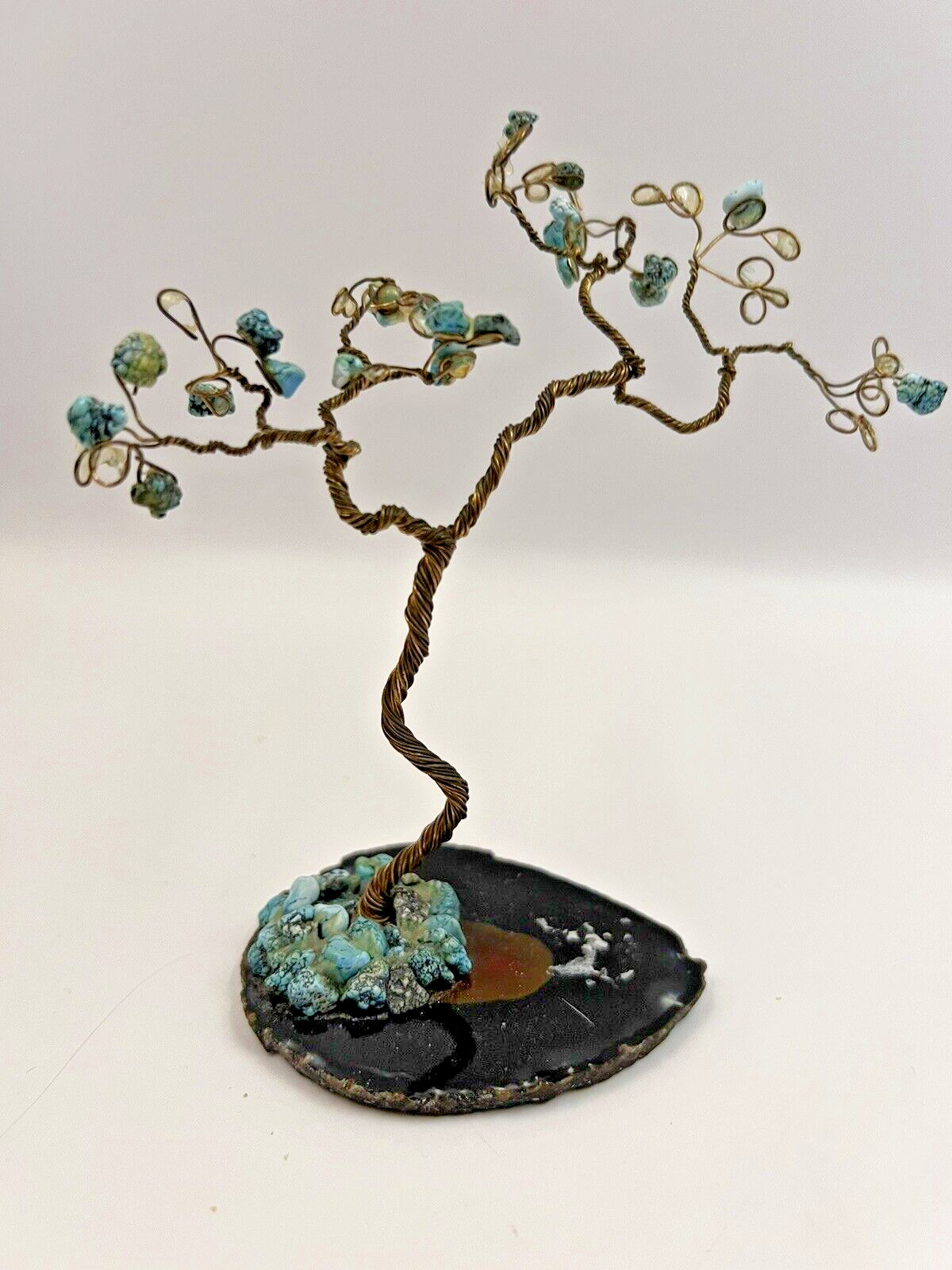 Wire Sculpture Bonsai Tree Agate Base Birthstone Gemstone Brown Decor Nature