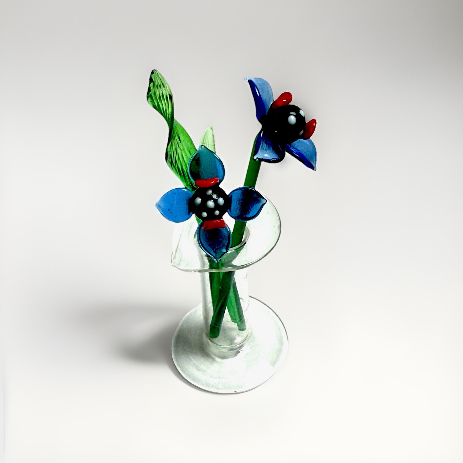 Miniature Art Glass Flower Bouquet in Vase – Hand-Blown Glass – 4.5&Prime; Tall Blue