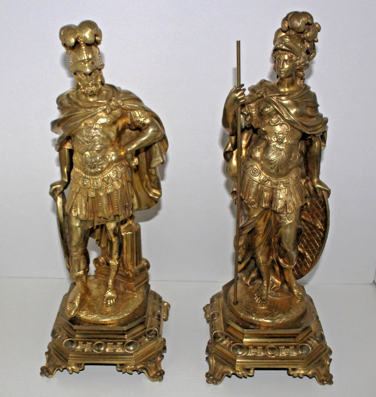Antique Pair of French Mars and Minerva Gilt Bronze Sculptures, 19th Century