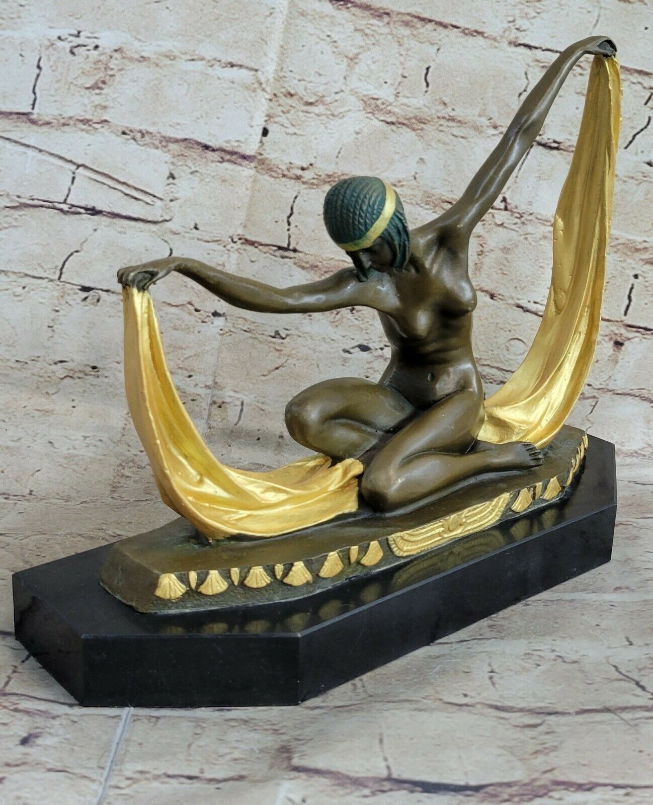 C. Mirval Signed Bronze Statue Dancing Girl Art Deco Figure Marble Nude Figurine
