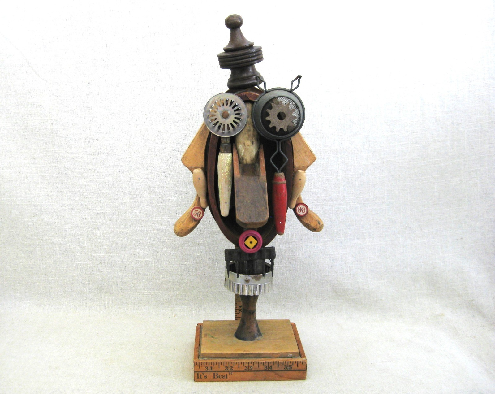 Folk Art Owl Assemblage Sculpture, Found Object Wildlife Art