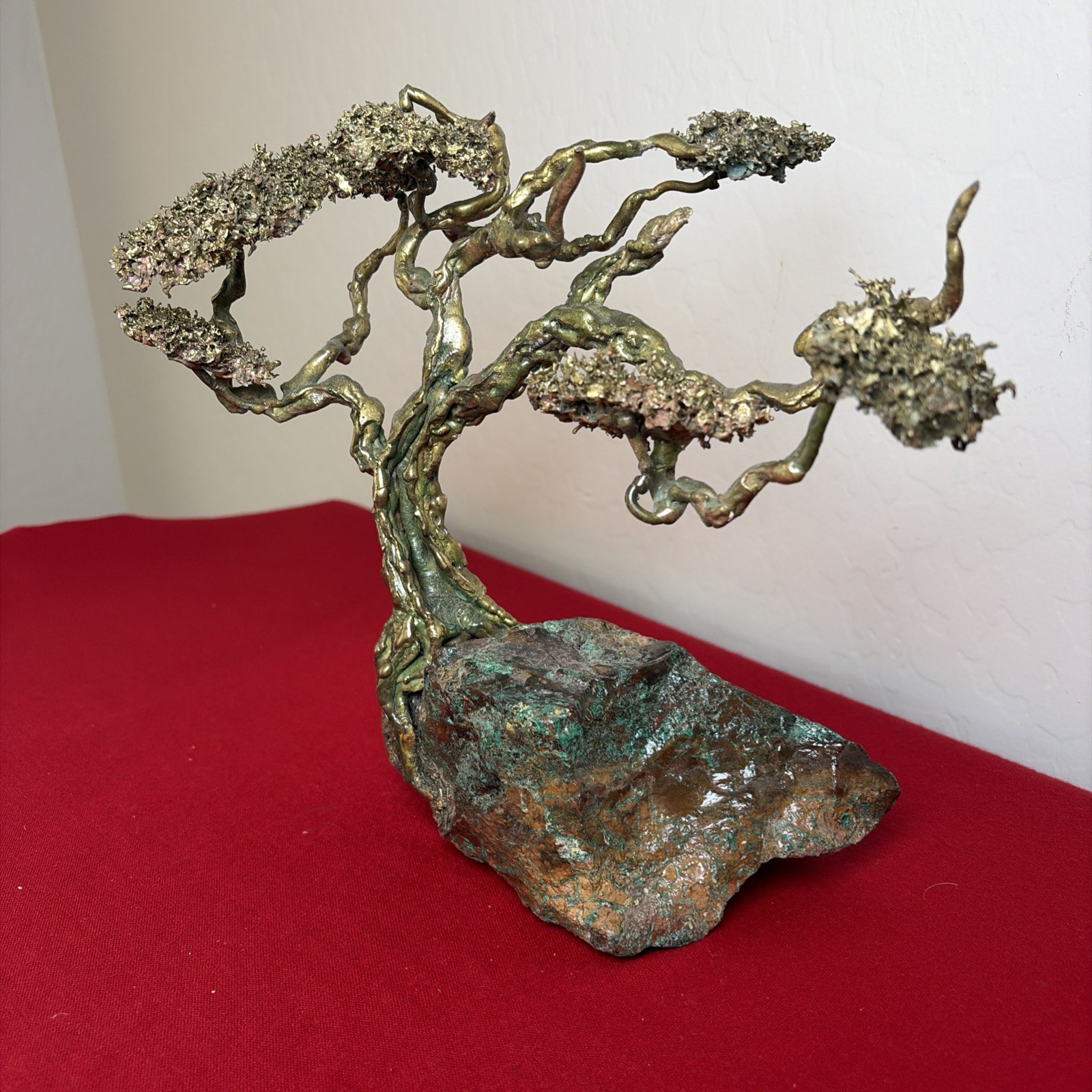 Brutalist Bonsai Cypress Tree Sculpture+Green Stones(Some Missing) Vintage Bell?