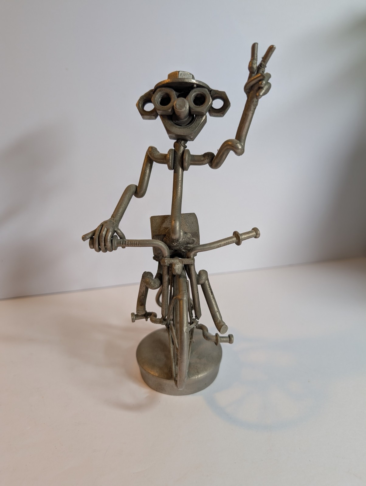 Vintage Bicyclist Sculpture Nuts & Bolts Steel Scrap Metal 7 1/2 In