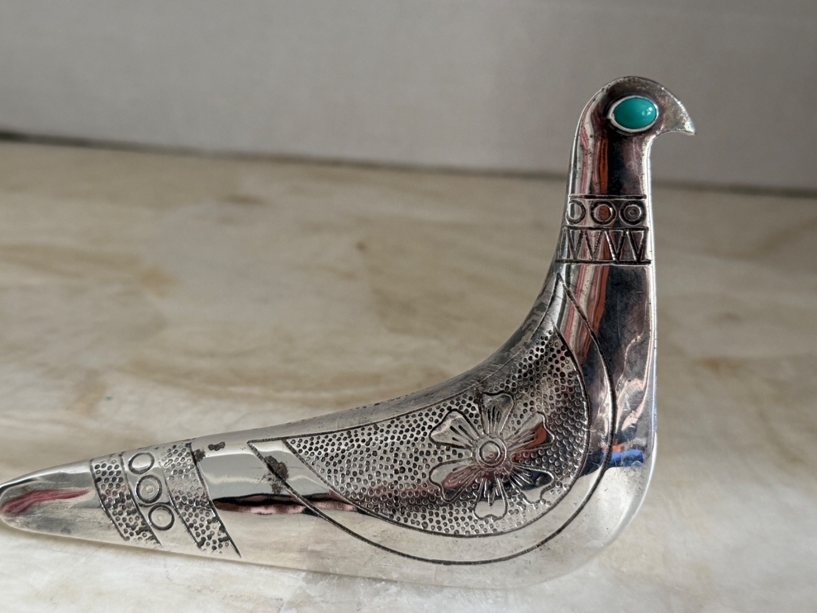 Rare Taller Tinta Ecuador Silver-Plated Bird Figurine w/ Turquoise Eye MCM 1960s