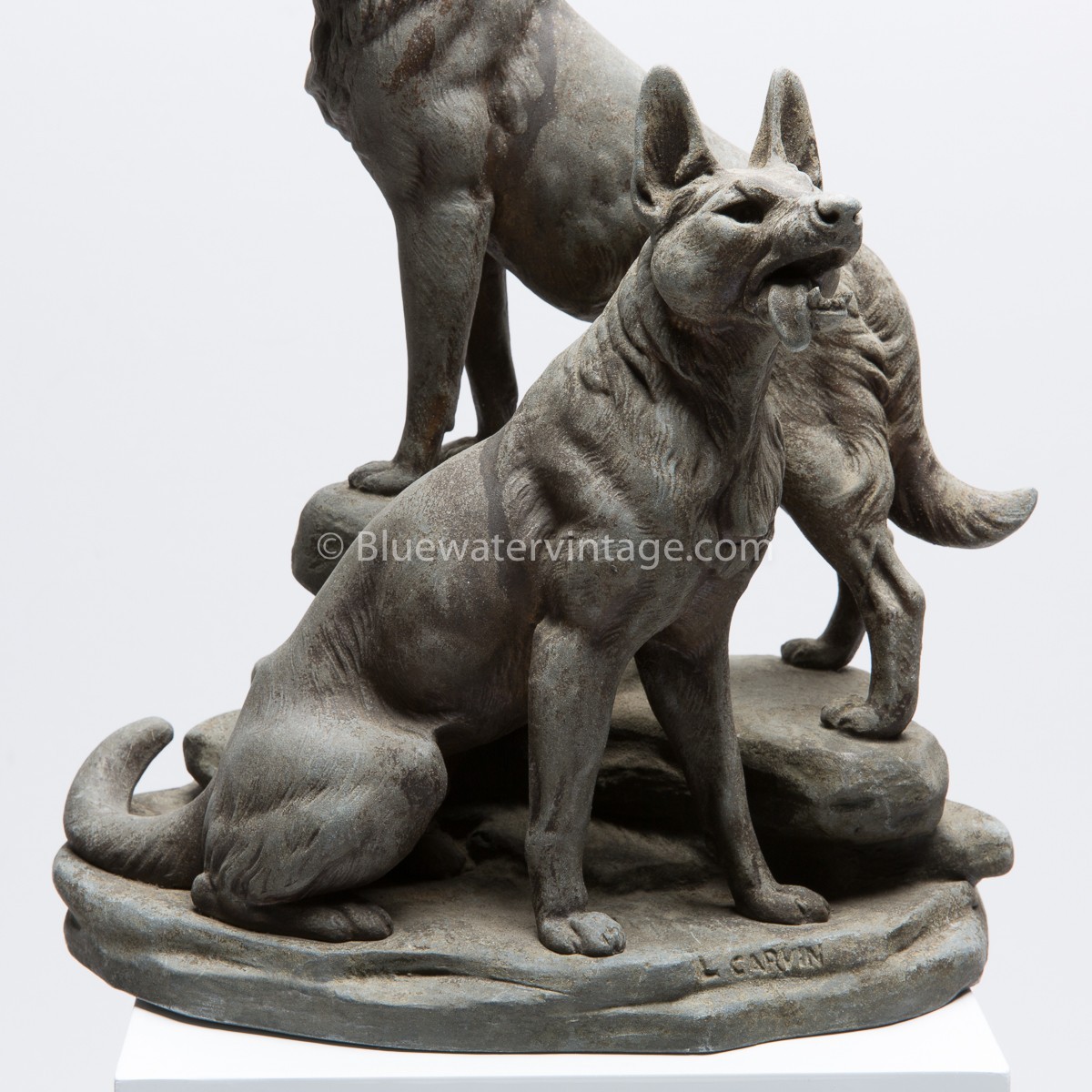 1920s-30s Spelter Deco Statue German Shepard Dogs Signed L. Carvin Paris France!