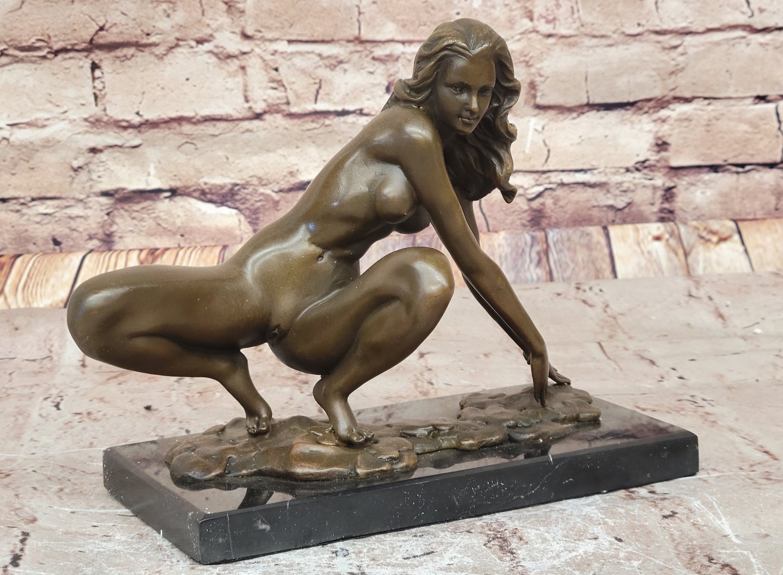 Signed Original Abstract Modern Art Woman Stretches her Body Bronze Statue Deco