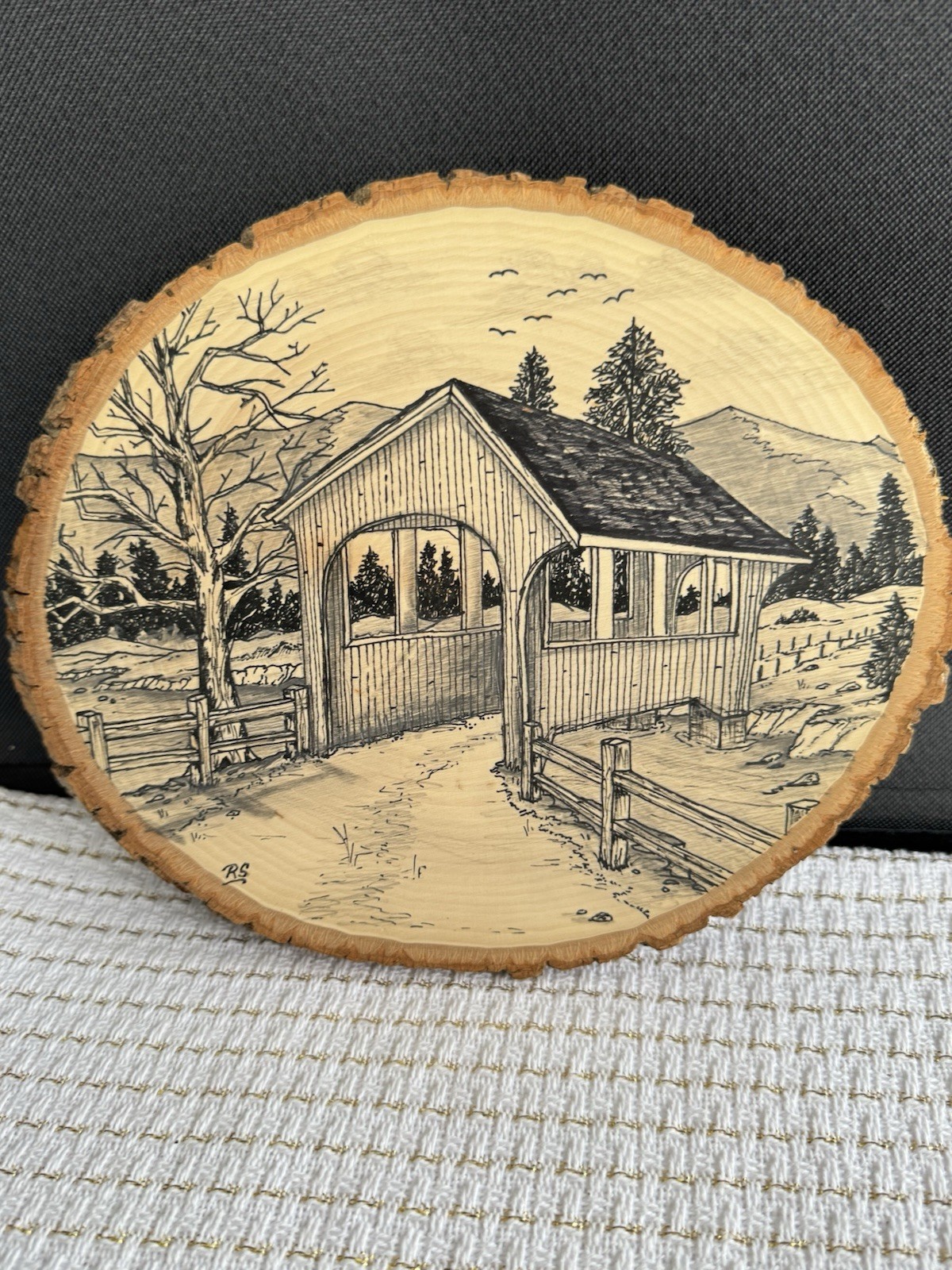Folk Art Covered Bridge Scene On A Slice Of Wood Signed 2019 10”