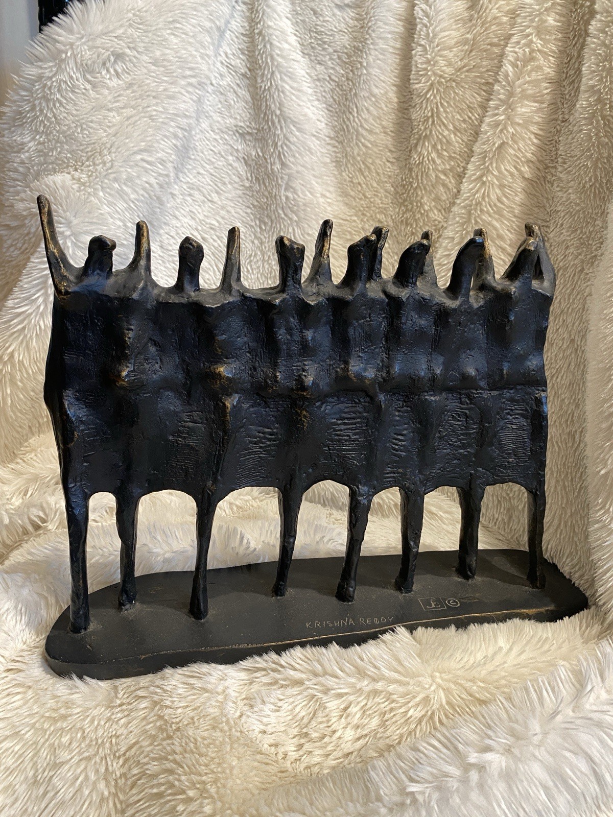 Krishna Reddy Signed Abstract Metal Sculpture of Figures Statue Art People Theme