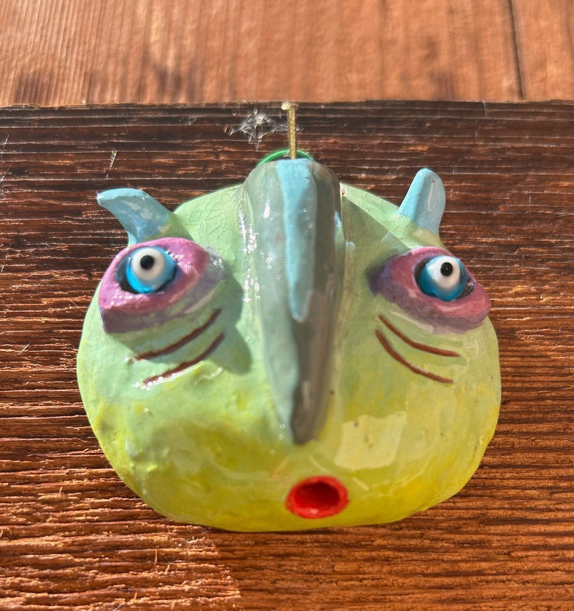 Mr. Puzzle-Face Ceramic Creature Head Hanging Mask Sculpture – 2.5 x 2.25&Prime; diam