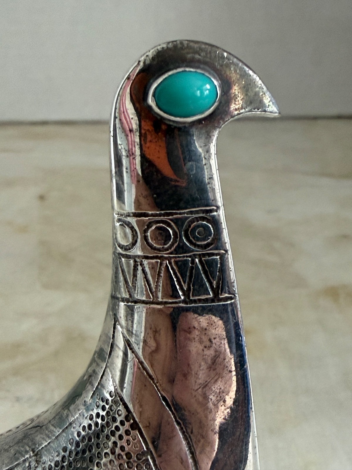 Rare Taller Tinta Ecuador Silver-Plated Bird Figurine w/ Turquoise Eye MCM 1960s