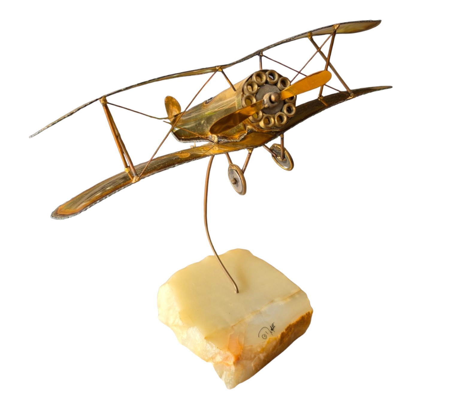 Vintage Don DeMott Bi-Plane Metal Sculpture On Onyx Base – Signed – Airplane