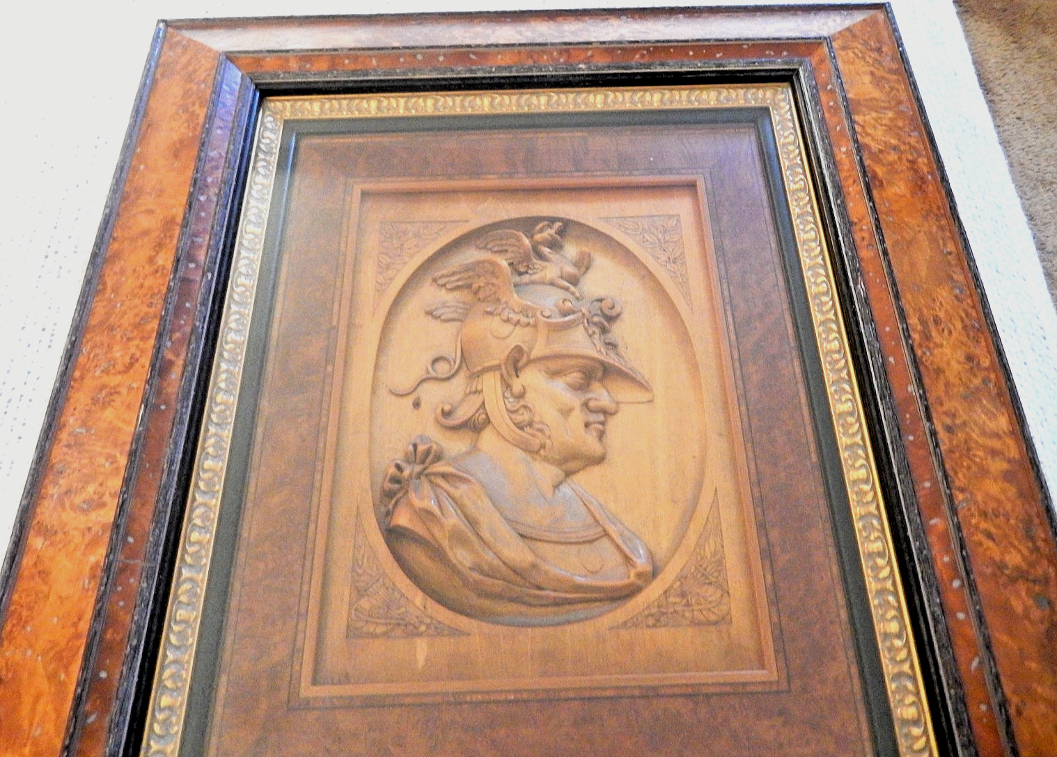 Wood Carved Profile GENERAL – Burl Framed – Antique – 24&Prime; X 21&Prime; – Glass Cover