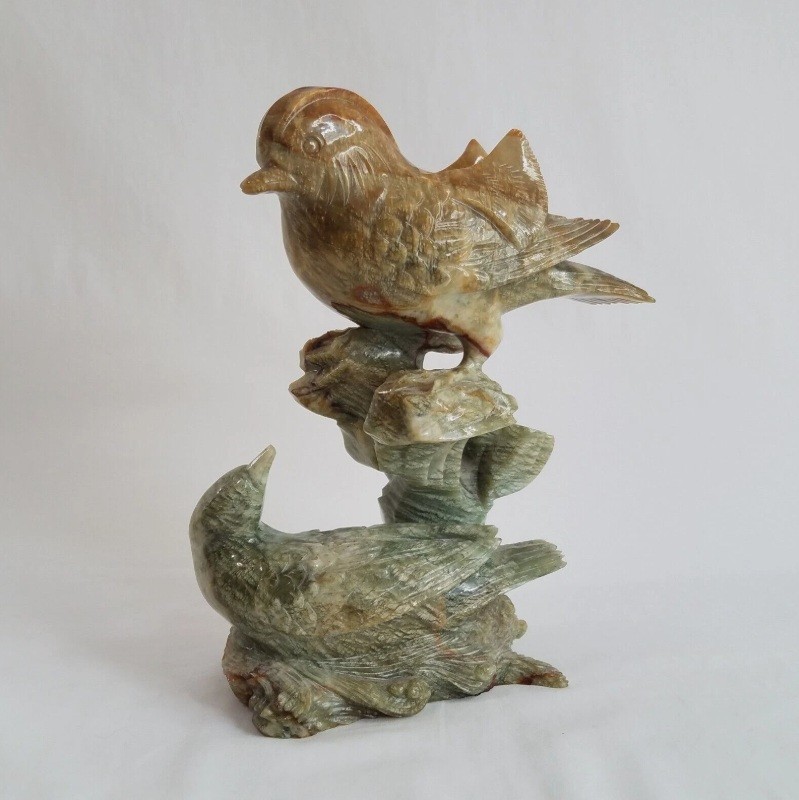 Vintage Hand Carved Hard Stone Two Birds Sculpture Statue 8&Prime; Tall Green Brown