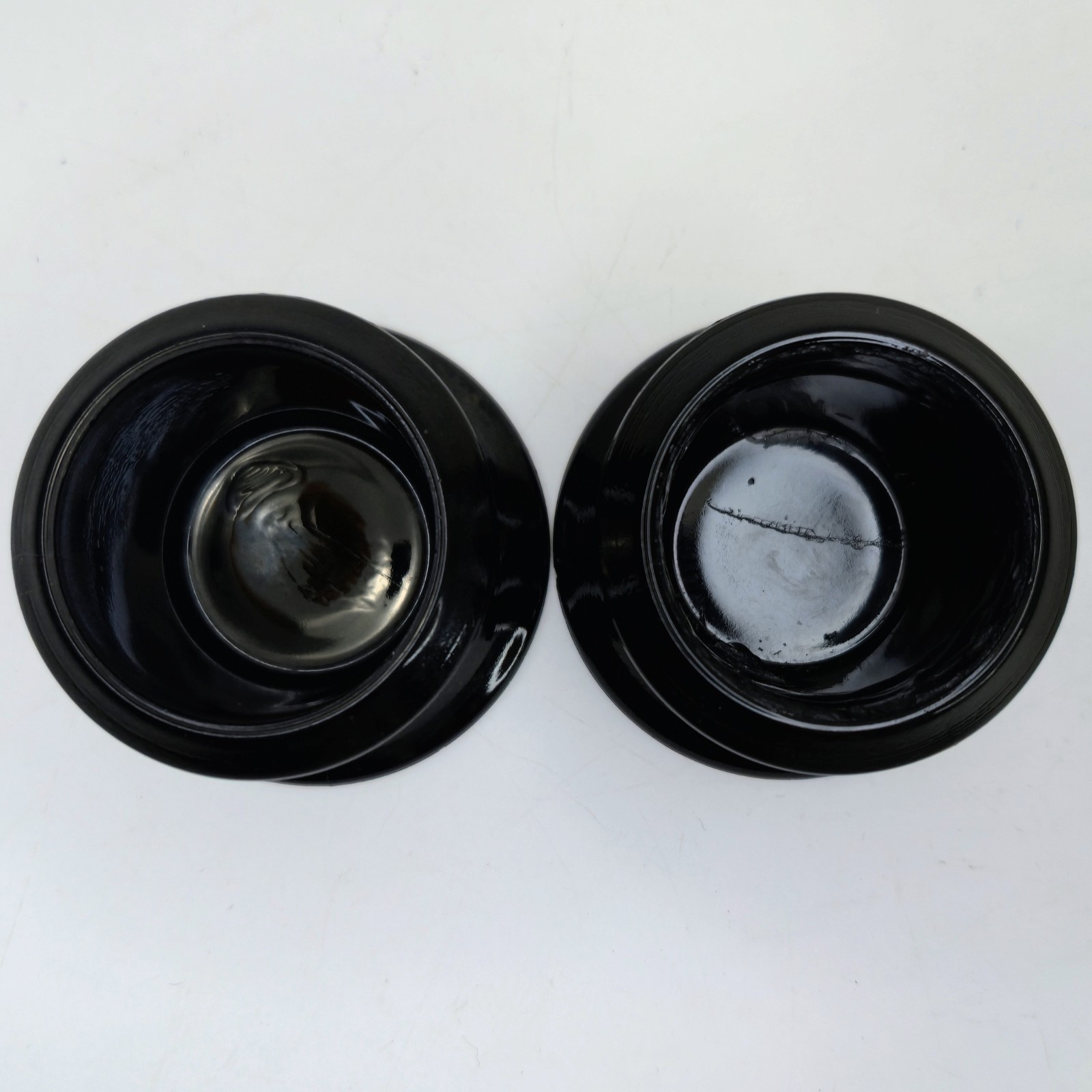 2 Zeller Morgantown Black Glass Gazing Witching Ball Stands Set Possibly 1930s