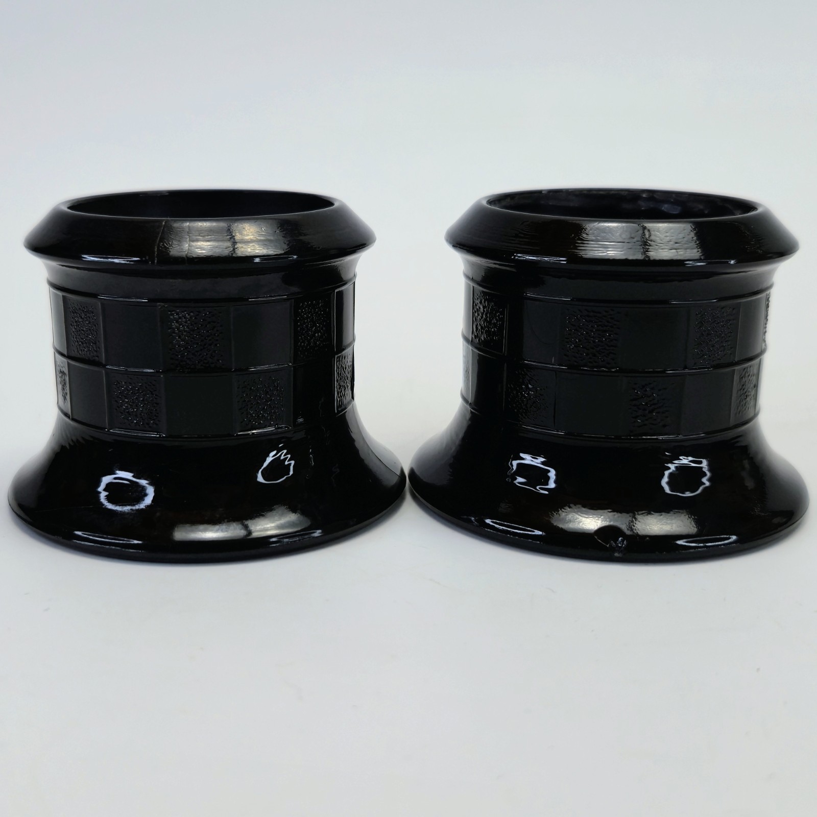 2 Zeller Morgantown Black Glass Gazing Witching Ball Stands Set Possibly 1930s