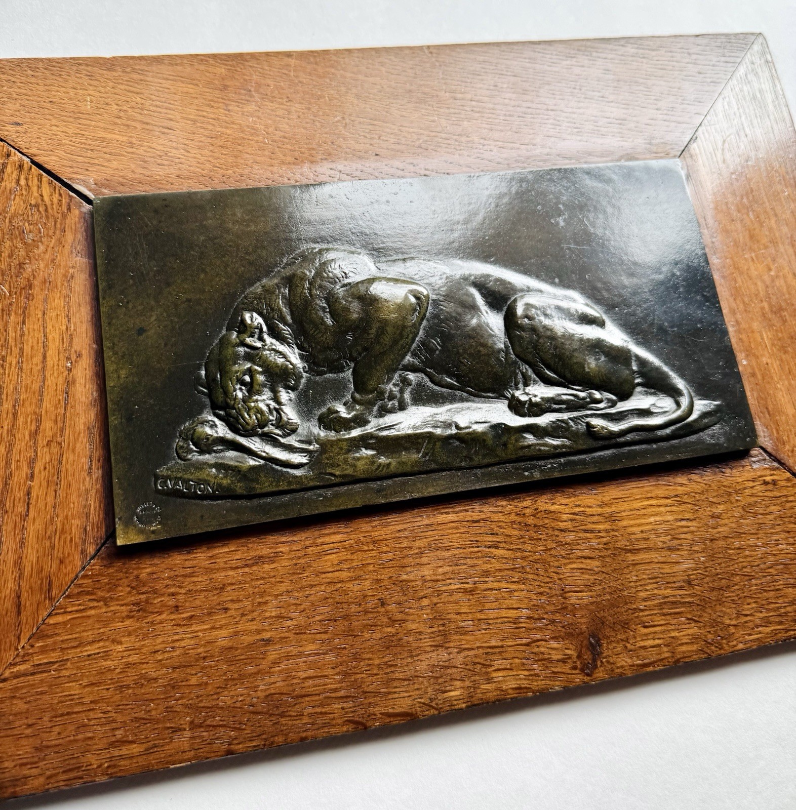 Antique Charles Valton Framed Bronze Bas Relief Plaque of Lioness Eating, Rare