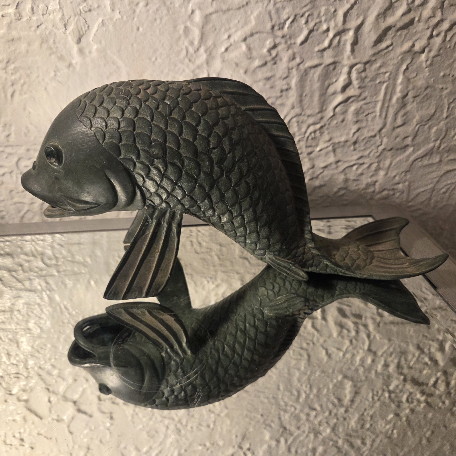 Vintage Bronze Koi Fish Fountain Sculpture with Open Mouth
