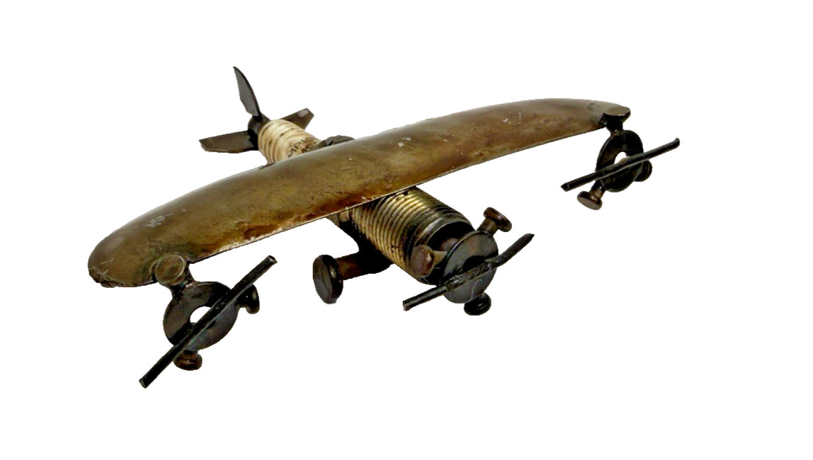 Small Upcycled Scrap Metal Spark Plug Mixed Media Airplane Sculpture