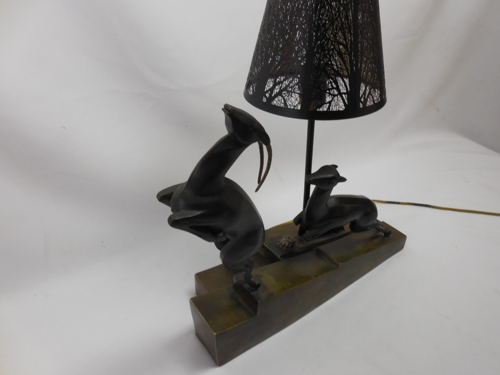 Antique Art Deco Bronze Sculpture Lamp Gazelles Marcel Bouraine