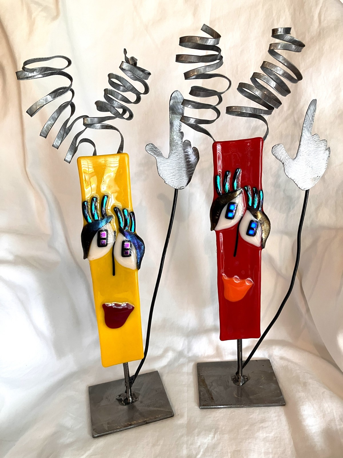 2 Kat Hogan & Jerome Ellis Metal and Fused Glass Sculptures 15.5&Prime; & 16.5&Prime; Tall