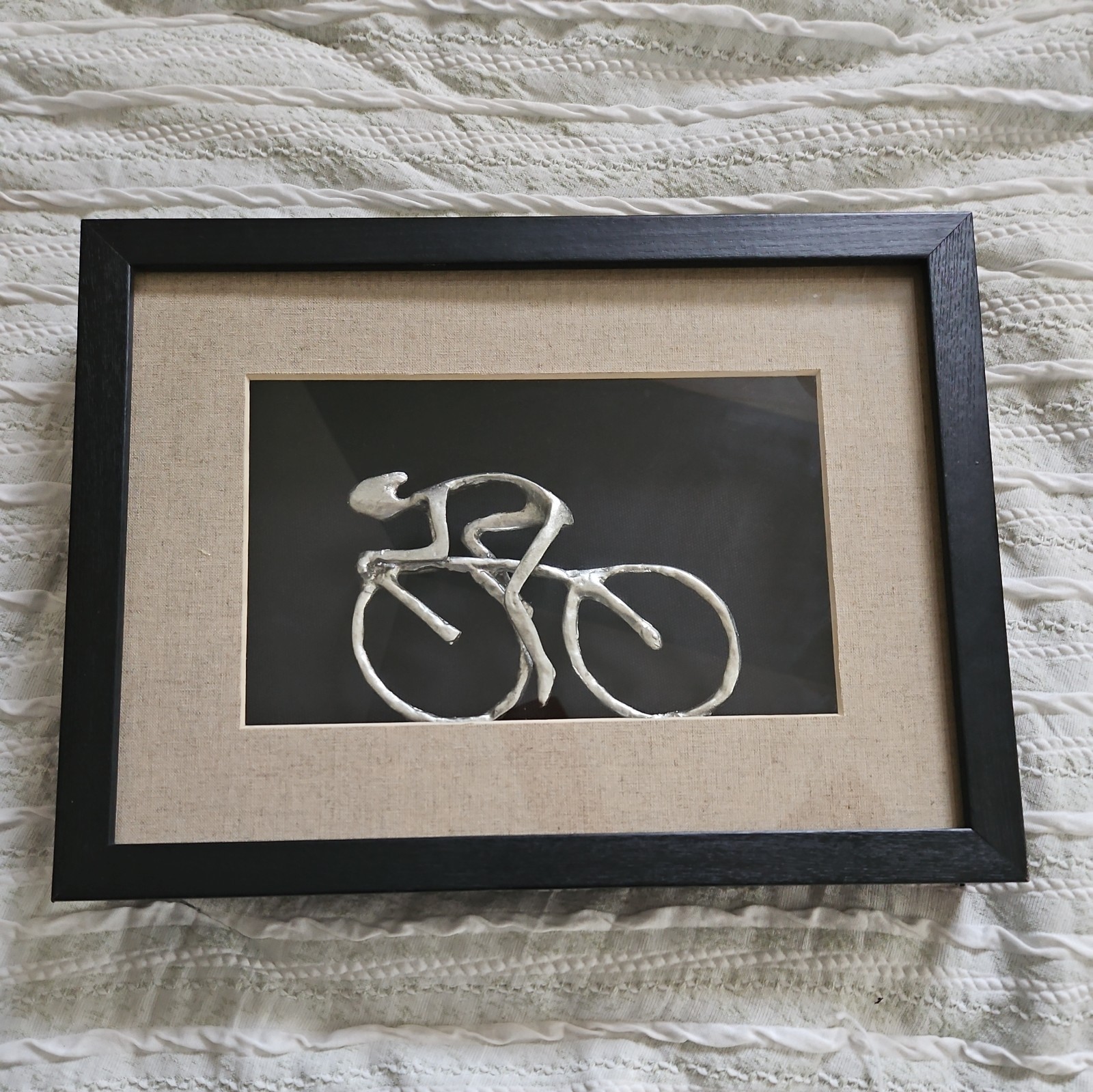 Bicycle Art-Cyclist Sculpture Shadow Box Modern Metal 3D Silver Bicycle Vtg 16&Prime;