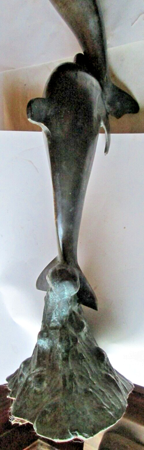VINTAGE CAST BRONZE STATUE 2 DOLPHINS AT PLAY, 20&Prime;x8 5/8&Prime;x4 1/2&Prime; 5LBS. USED