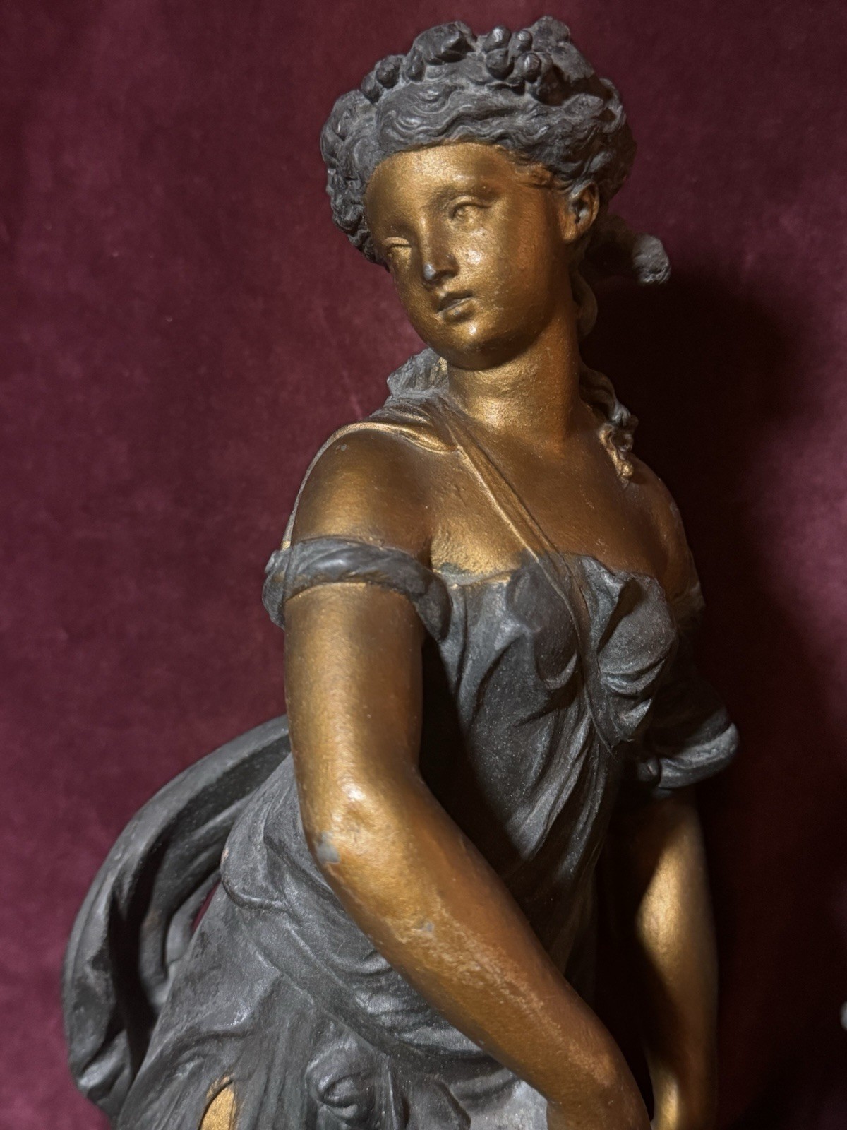 A Large Pair of Antique French Bronzed Spelter Allegorical Sculptures