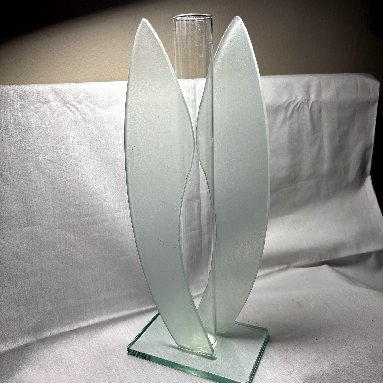Retro Vintage Modernist Double Flames Sculpture Acid Glass Vase 12&Prime; Tall 2AA