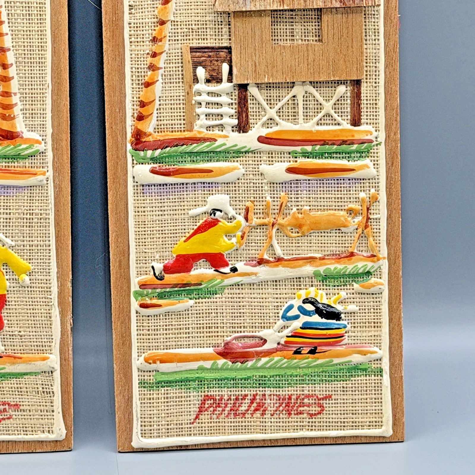 VTG MCM Pair Philippine Folk Wall Plaques Art Burlap Wood 1960s Tropical Village
