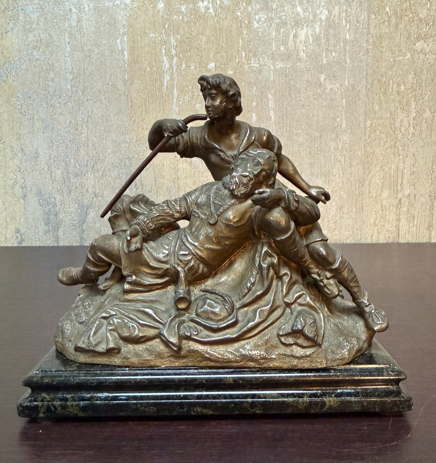 P.Müller Signed Figurative Group – Shepherd Aiding Elder Bronze on Marble c.1900