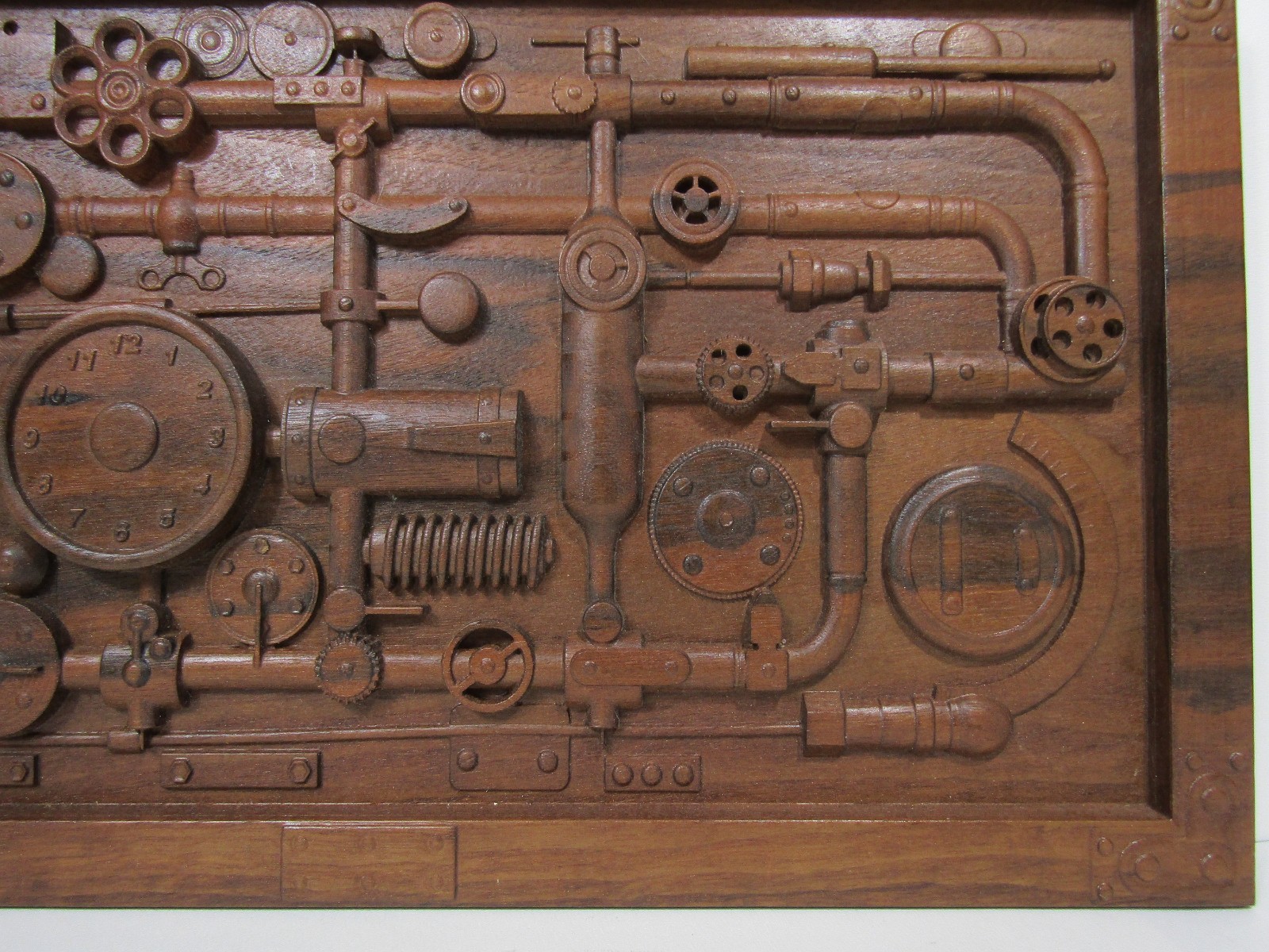 Industrial Steampunk Carved Wood Pipes & Gears Relief Wall Art Panel 20×12