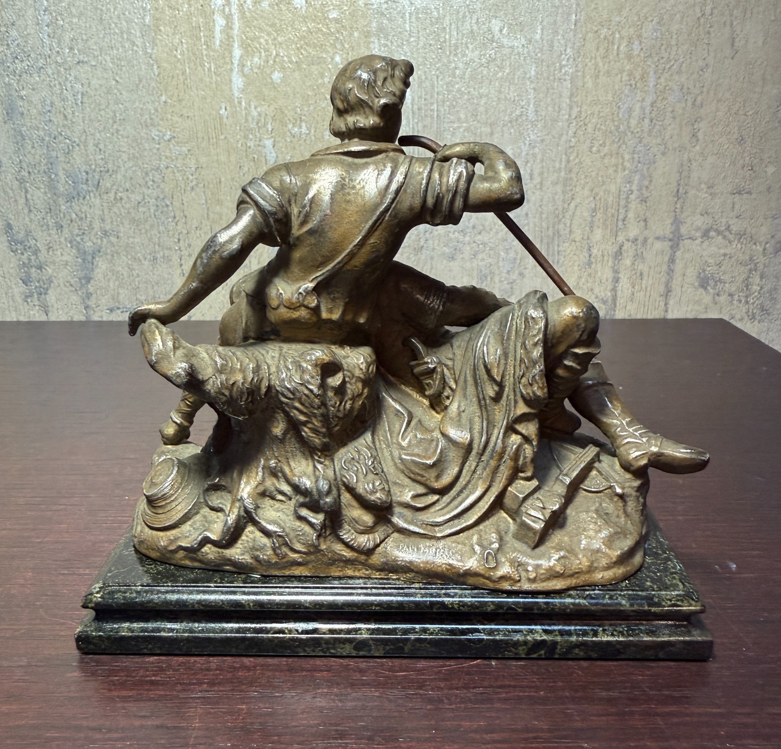P.Müller Signed Figurative Group – Shepherd Aiding Elder Bronze on Marble c.1900