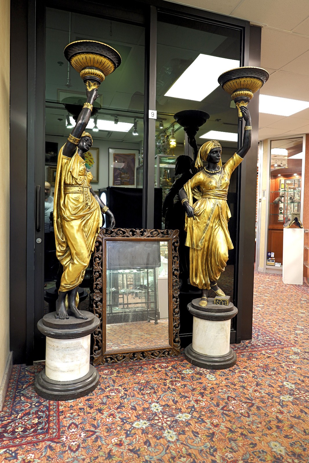 Pair of Bronze Nubian Female Statues, Torchere Standing Lamps, Free USA Shipping