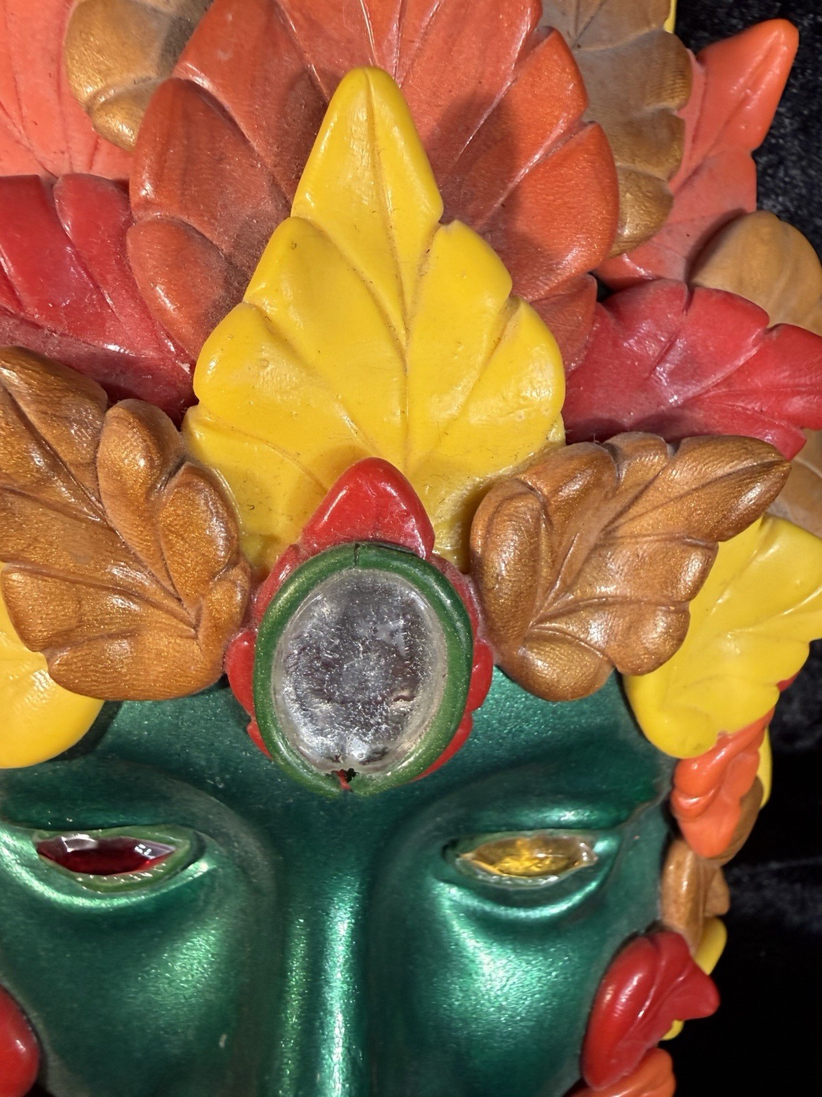 Green Man Face Tree Man Mythical Wall Sculpture Mask Jeweled Eyes and Forehead