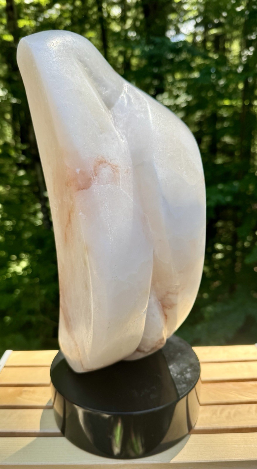Mid Century Modern Abstract Alabaster Sculpture On Black Marble Base – 14.5”