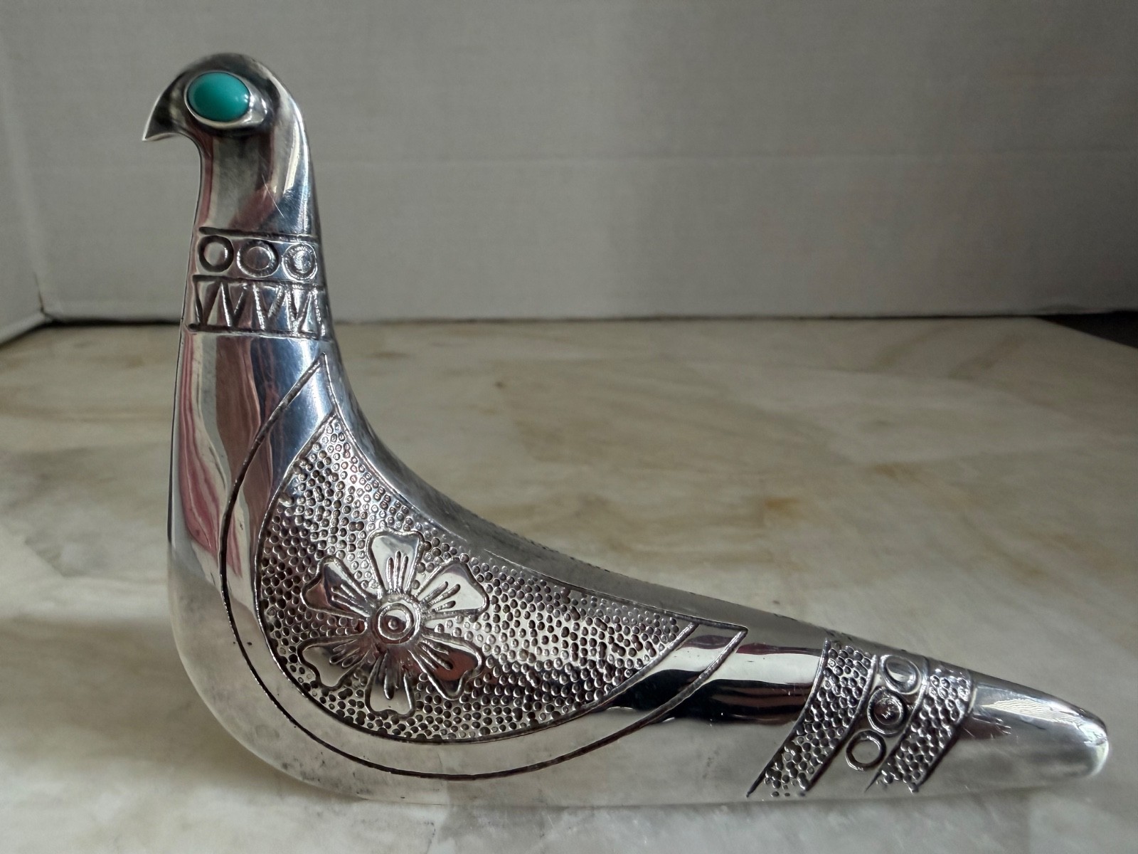 Rare Taller Tinta Ecuador Silver-Plated Bird Figurine w/ Turquoise Eye MCM 1960s