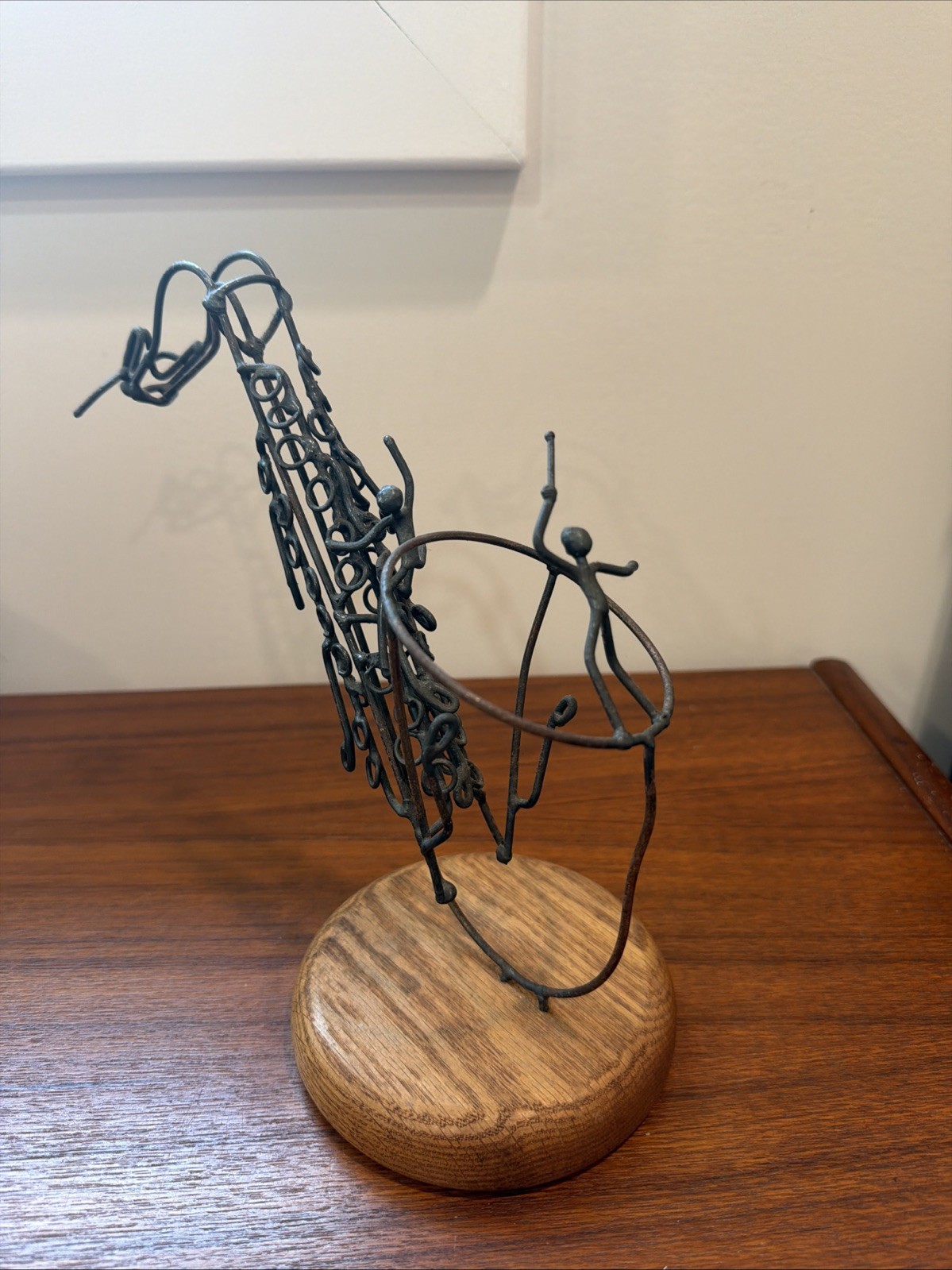 Metal Wire Saxophone Sculpture Handmade Modernist Wood Base