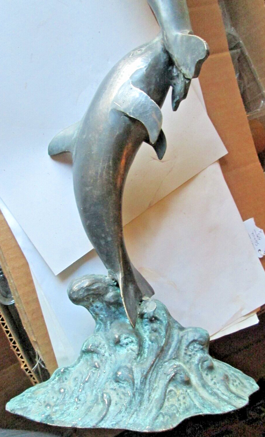 VINTAGE CAST BRONZE STATUE 2 DOLPHINS AT PLAY, 20&Prime;x8 5/8&Prime;x4 1/2&Prime; 5LBS. USED