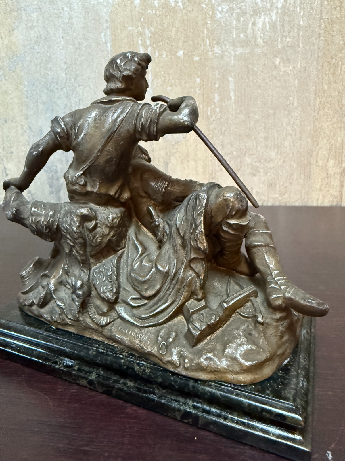 P.Müller Signed Figurative Group – Shepherd Aiding Elder Bronze on Marble c.1900