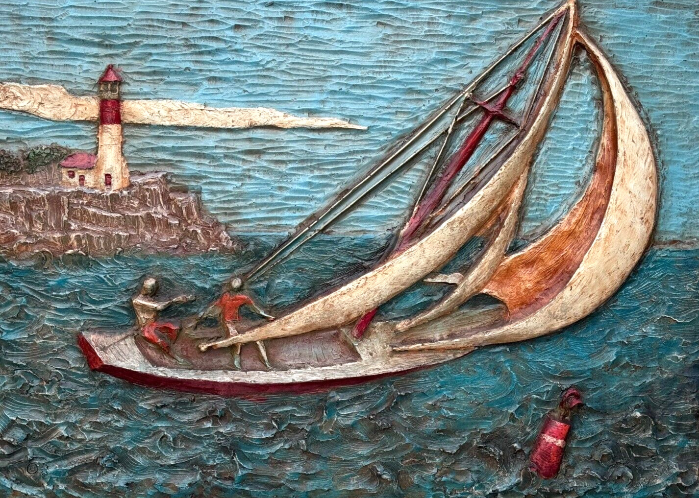 JUAN J. SEGURA 3D FIBERGLASS WALL SCULPTURE IMPASTO LIGHTHOUSE SEASCAPE PAINTING