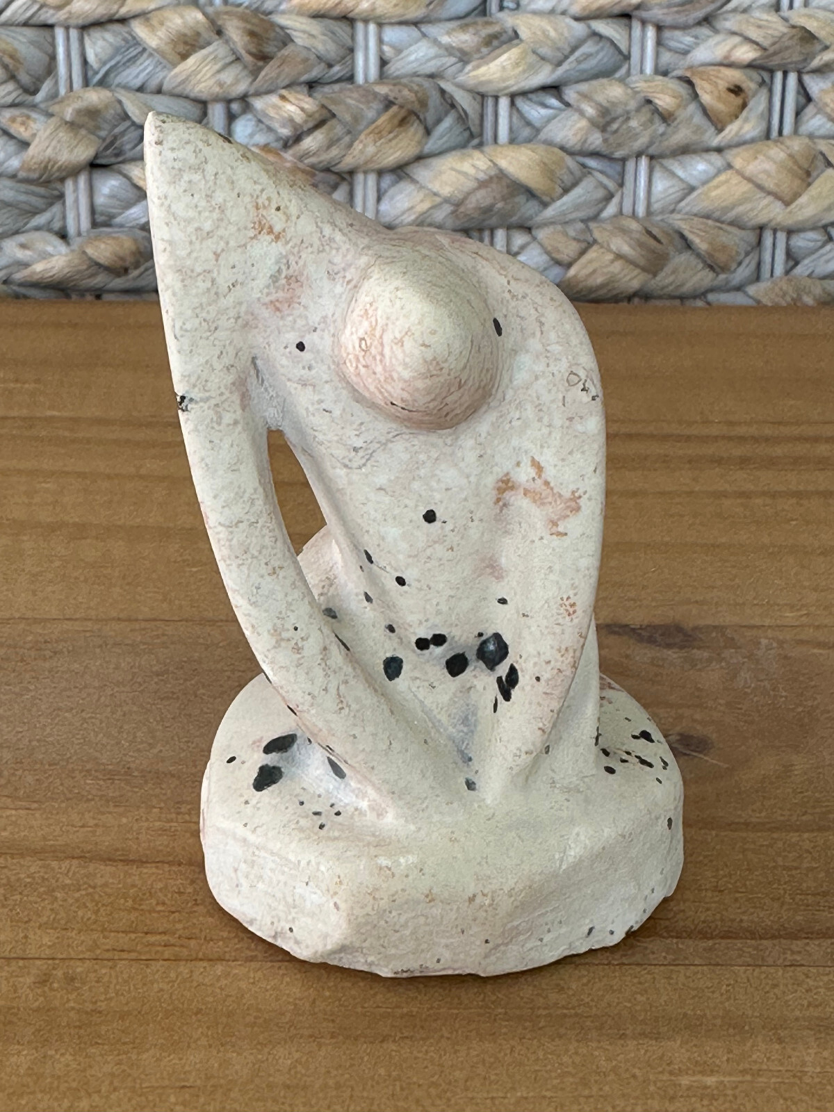 Abstract Modern Carved Stone Art Human Sculpture White With Black Specks 3.25”