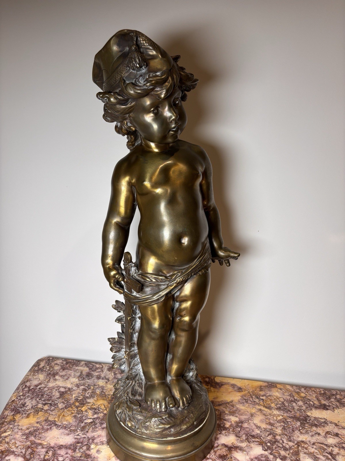 Antique Auguste Moreau 22&Prime; Bronze Cherub Putto Statue French Art Nouveau