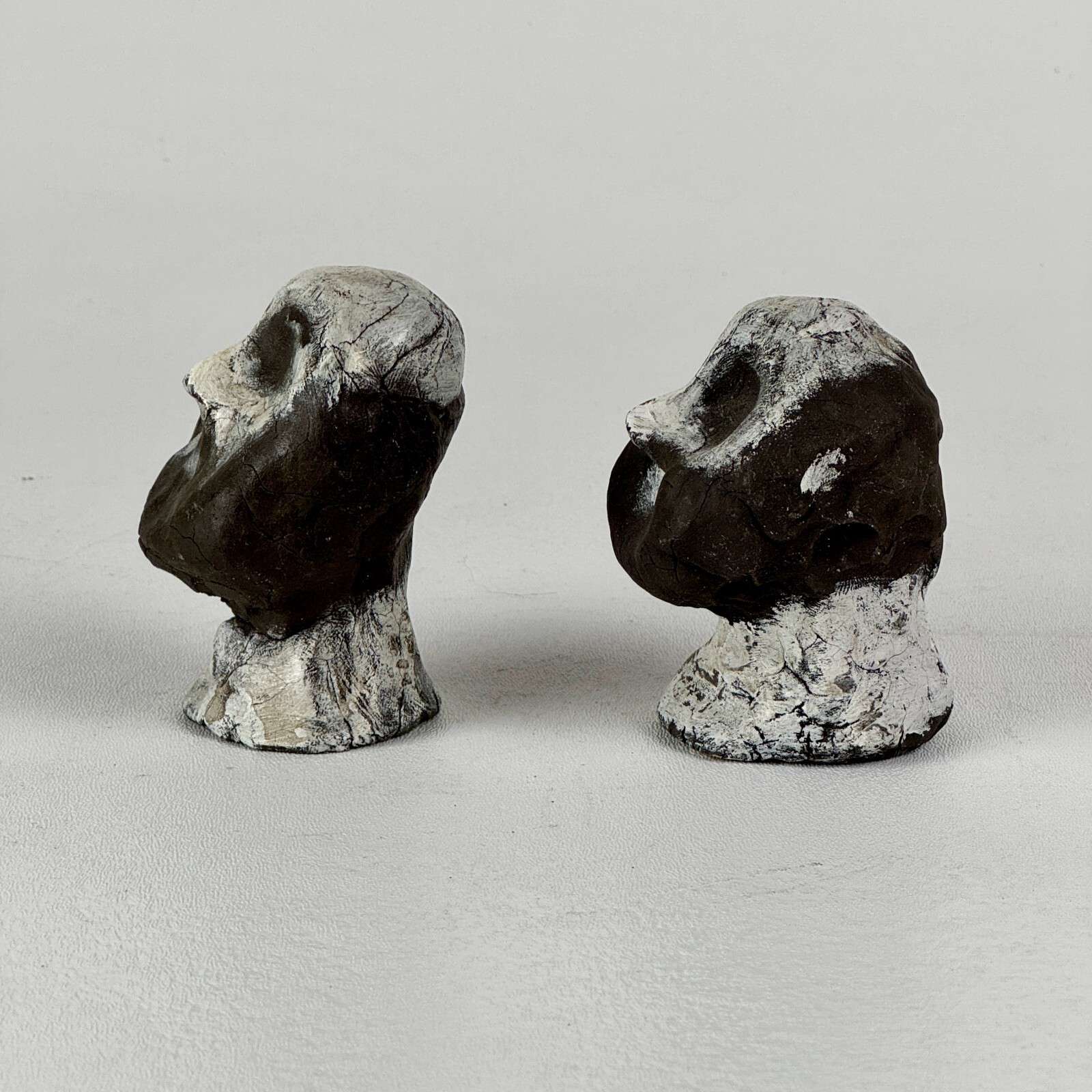 Vintage Pair Of Hand Formed Small Clay Men Head Busts In Black & White