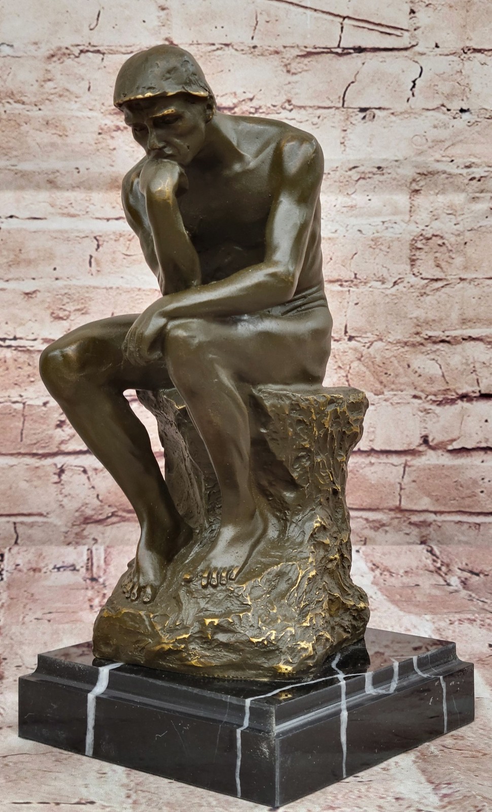 Bronze Sculpture on Marble Base After Rodin`s « The Thinker » – Signed Classic Art