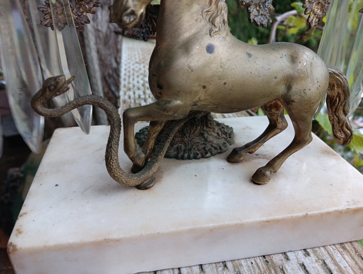 Antique Rare Bronze/marble Candlestick Snake Biting Horse